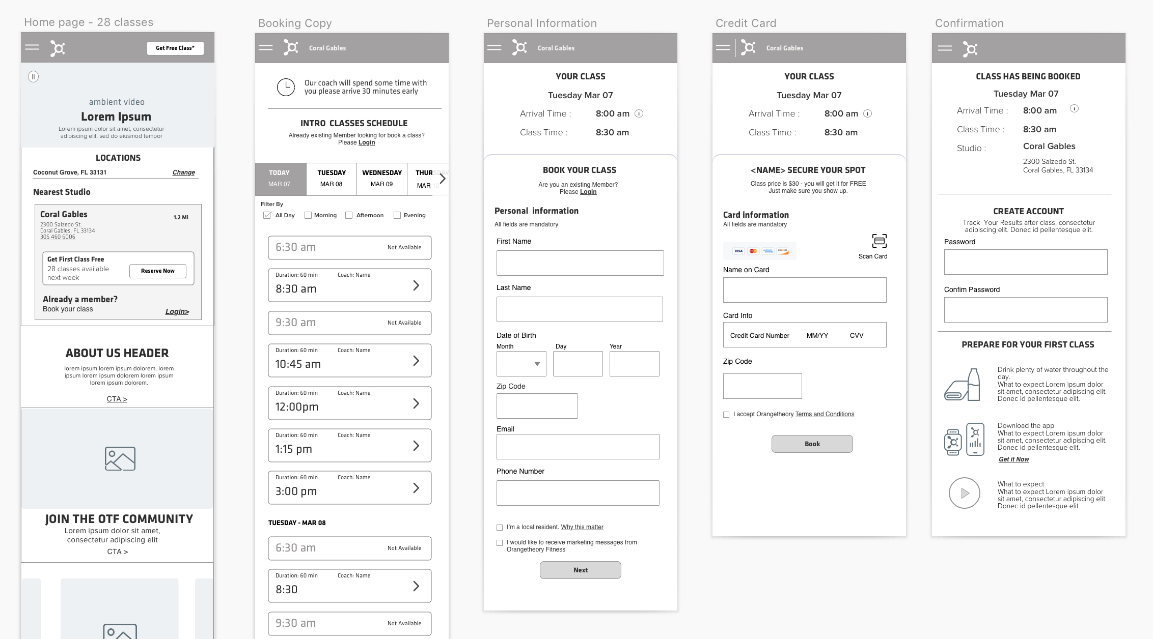Booking Flow Wireframes